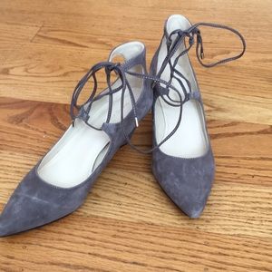 Taupe wedge heels. Suede ankle lace up.